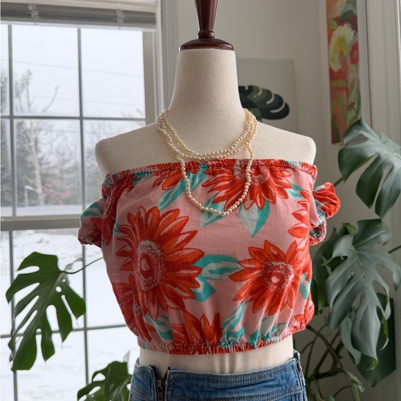 aerie Tops - Aerie Floral Off-Shoulder Crop Top - Red and Green